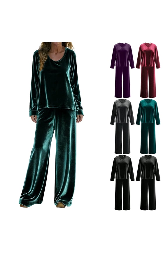 Womens Velour Sweatsuit 2 Pieces Velvet Tracksuit Long Sleeve Pullover Top and Wide Leg Pants Lounge Pajama Set Gray,L