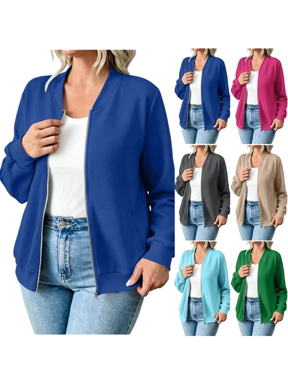 Womens Zip Up Sweatshirt Jackets No Hood Long Sleeve Casual Lightweight Loose Outwear with Pockets Sky Blue,XXL