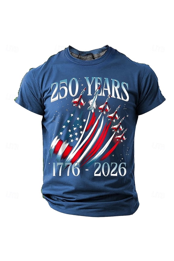250 Years 1776-2026 T-shirt Men’s Short Sleeve Crew Neck T Shirt American Printed Graphic and Airplane Pattern Casual Fit Top USA Independence Day Tee