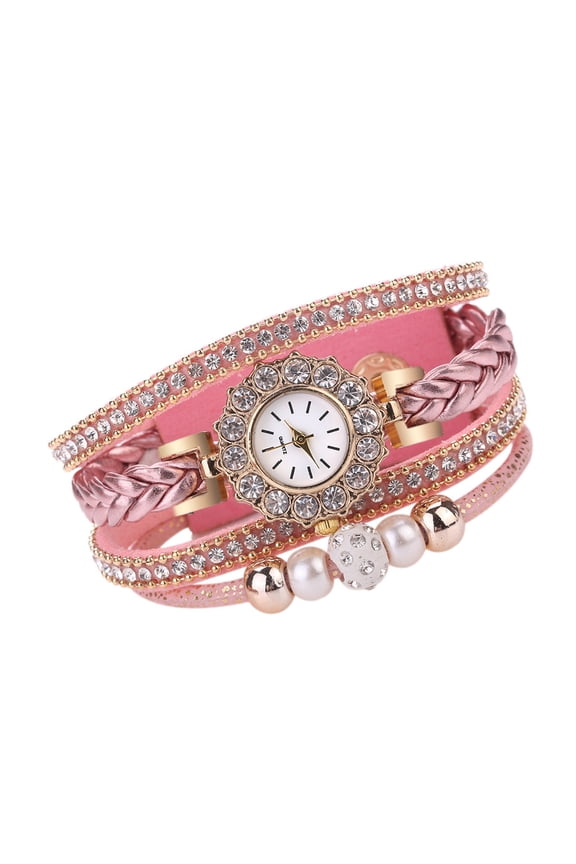 Women’s Multi Layered Quartz Analog Bracelet Watch with Braided Strap and Decorative Beads for Casual or Formal Wear