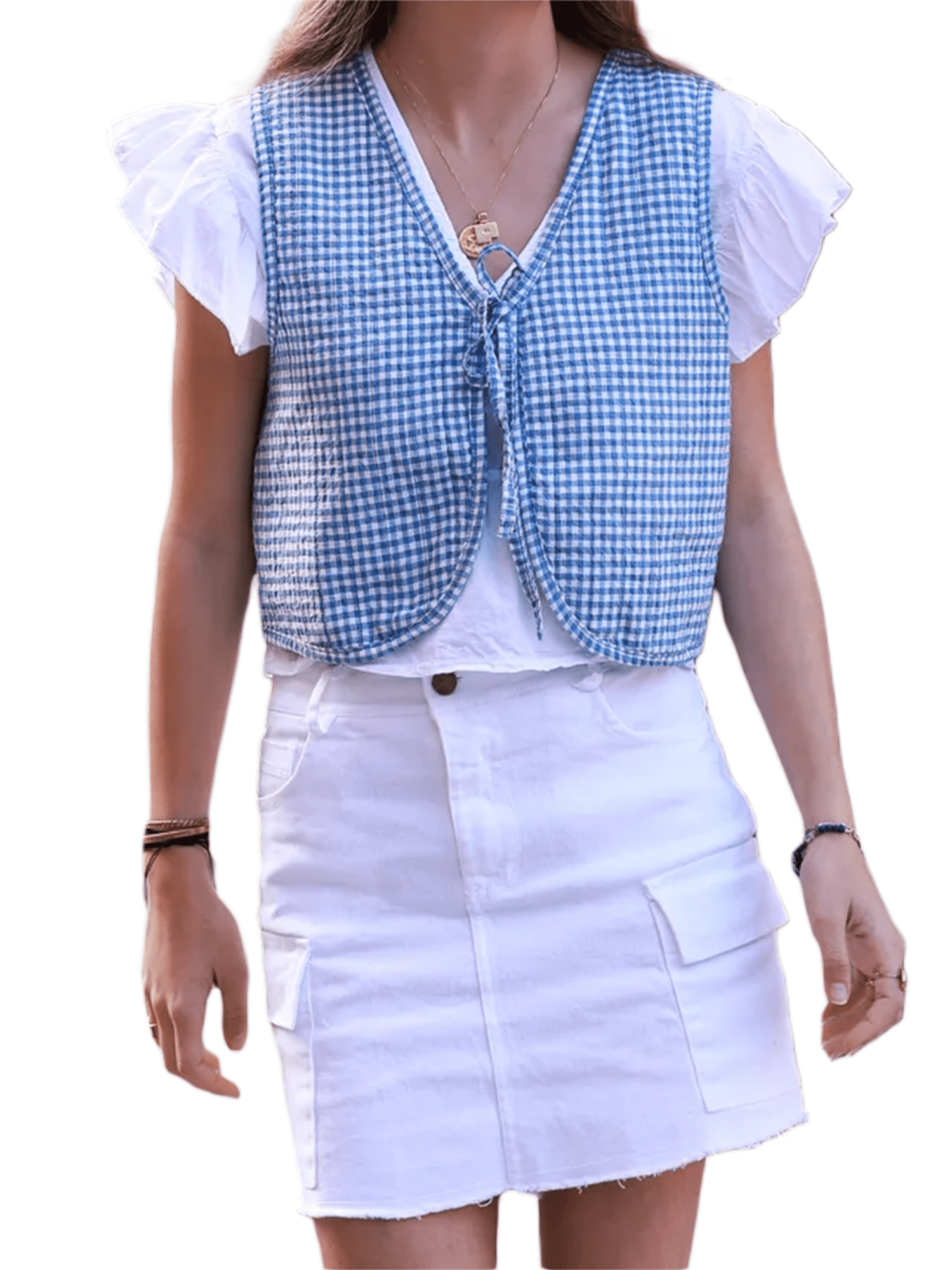 jxxiatang Women's Plaid Print Vest Sleeveless V Neck Tieup Front Crop