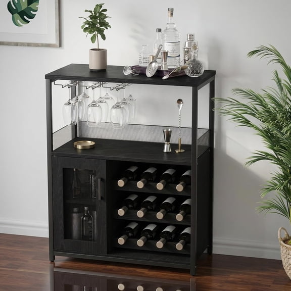 jylp 3-Tier Wine Bar Cabinet with Removable Wine Rack, Mesh Door Adjustable Shelf Buffet Cabinet, Waterproof Metal Frame Coffee Station Bar Cabinet for Home Bar (Black)