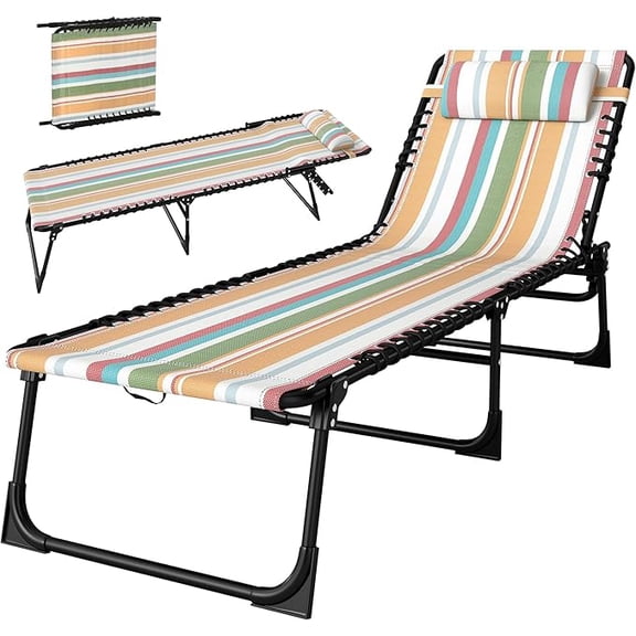 jylp Folding Chaise Lounge Chair - 4-Position Reclining, Breathable Mesh, Rainbow Striped, Portable Outdoor Tanning Chair for Beach, Poolside & Yard