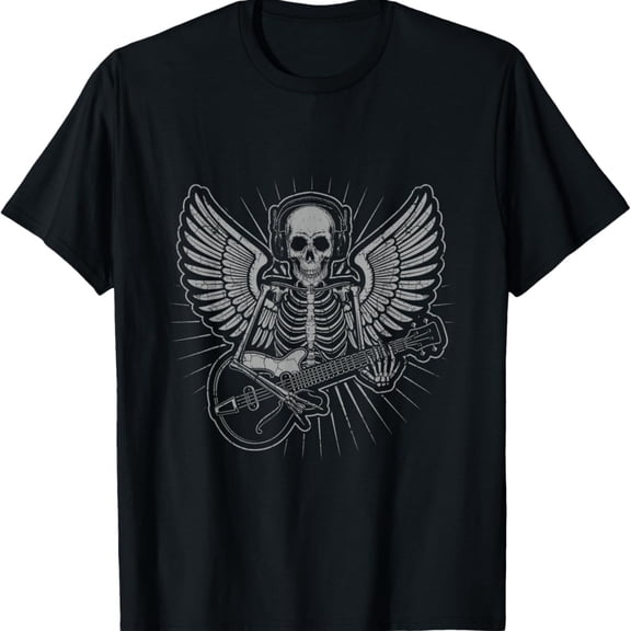 k Music Skull Skeleton DJ With Angel Wings & Guitar Party T-Shirt
