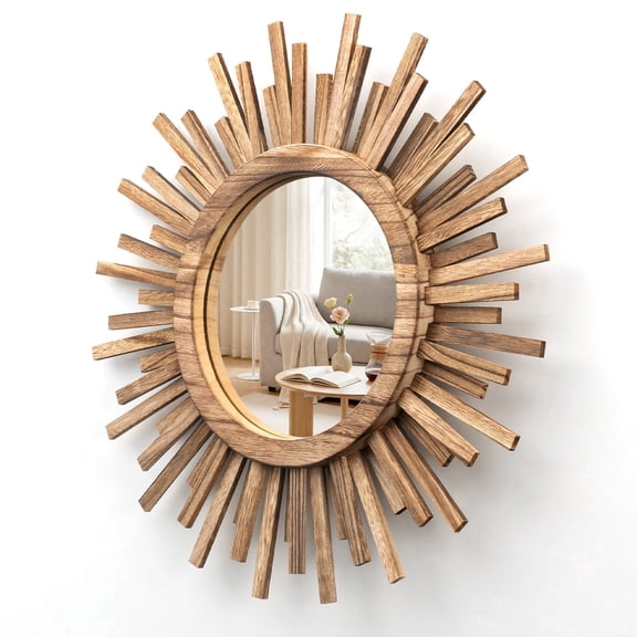18 Inch Boho Sunburst Mirror, Round Wooden Wall Decor Starburst Sun Mirror for Bedroom, Living Room, Bathroom, Hallway, Balcony, Farmhouse Entryway, Housewarming Gift, Rustic Brown