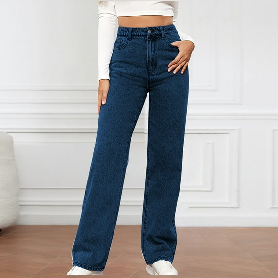 kakina CMSX Classic Denim for Womens 2024 Clearance,Fashion Baggy High Waisted Jeans Loose Straight Wide Leg Jeans Casual Denim Pants with Pockets