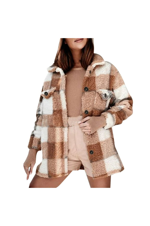 Clearance Jackets for Women, Women Cozy Long Sleeve Faux Plaid Buttons Pokets Teddy Woolen Fleece Jacket Cardigan Coat Khaki, L