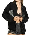 thumbnail image 1 of kakina CMSX Women Pockets Sequins Solid Long Sleeve Tops Jacket Denim Outwear Black, S, 1 of 8