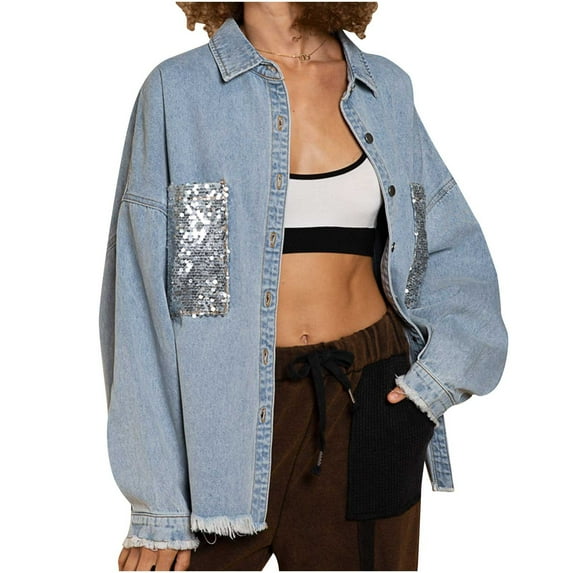 kakina CMSX Women Pockets Sequins Solid Long Sleeve Tops Jacket Denim Outwear Blue, XL