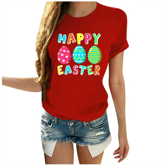 kakina CMSX Easter Tops for Women, 2021 Easter Eggs Happy Easter Print Men And Women Loose Plus Size Short Sleeves Red, XS