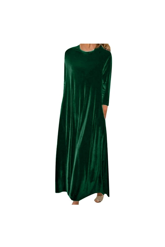 Elegant Vintage Velvet Dress for Women Plus Size Crewneck Long Sleeve Pleated Maxi Dresses Retro Velour Casual Solid Color Long Dress