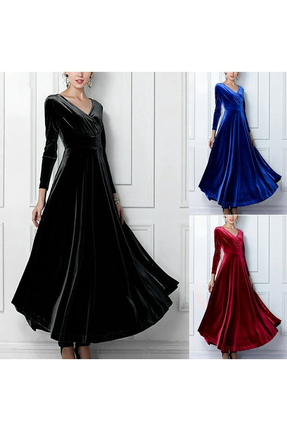 Elegant Vintage Velvet Dress for Women Plus Size V-Neck Long Sleeve Pleated Maxi Dresses Retro Velour Casual Solid Color Long Dress