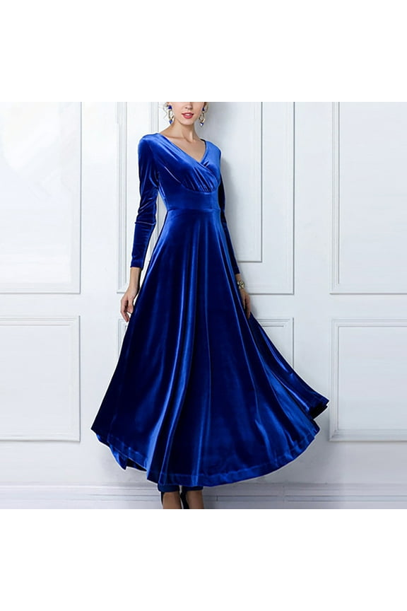 Elegant Vintage Velvet Dress for Women Plus Size V-Neck Long Sleeve Pleated Maxi Dresses Retro Velour Casual Solid Color Long Dress