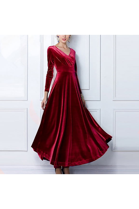 Elegant Vintage Velvet Dress for Women Plus Size V-Neck Long Sleeve Pleated Maxi Dresses Retro Velour Casual Solid Color Long Dress