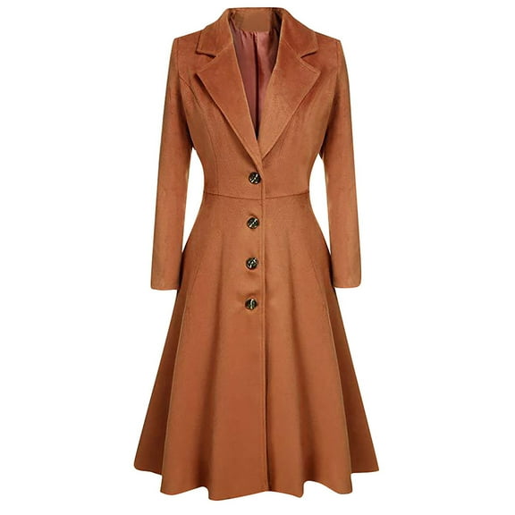 kakina CMSX Jackets for Women , Womens Winter Lapel Button Long Trench Coat Jacket Ladies Overcoat Outwear Brown, L