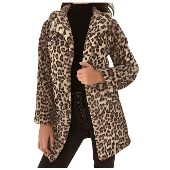 kakina CMSX Light Jackets for Women, Women's Leopard Faux-Fur Imitation Lapel Long Sleeve Coat Outwear Coat Jacket Brown, XXL
