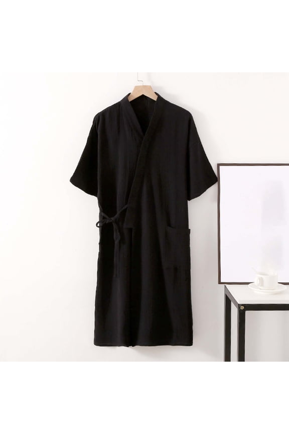 Men'S Cotton Linen Robe Pajamas,Fashion Robe Solid Color Short Sleeve Long Gown Soft Casual Robe Pajamas