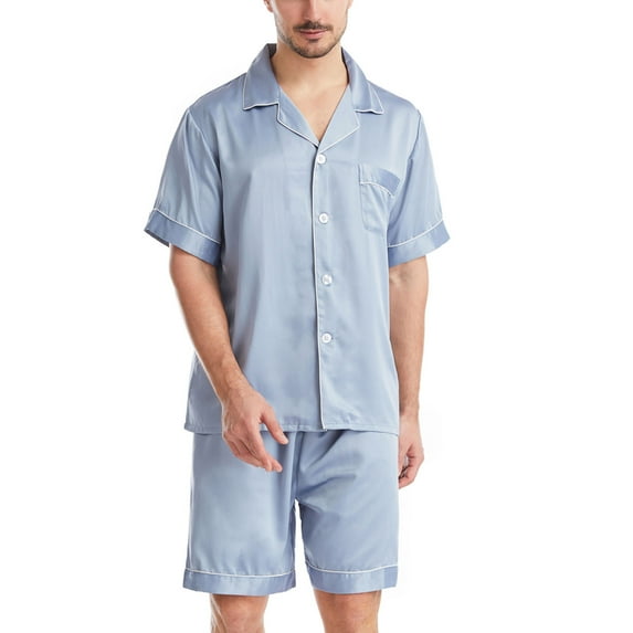 kakina CMSX Men'S Satin Silk Pajamas Sets Loose Solid Color Short Sleeve Sleepwear Button-Down Sets Two-Pieces Loungewear with Pockets
