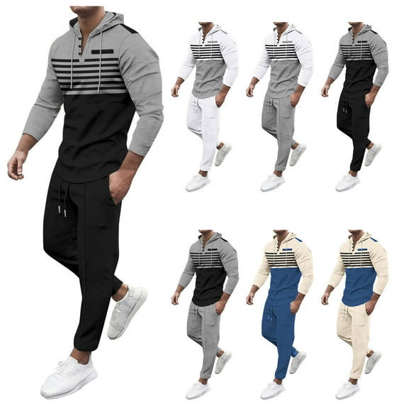 kakina CMSX Men's Classic Striped 2 Piece Hoodie Sweatshirt Outfits Clearance,Casual Fashion Solid Color Tracksuit Joggers Sweatpants Sweatsuit Set