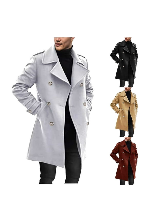 Men's Wool Blend Pea Coat Fashion Casual Solid Color Notched Collar Single Breasted Overcoat Warm Winter Trench Coat Outwear