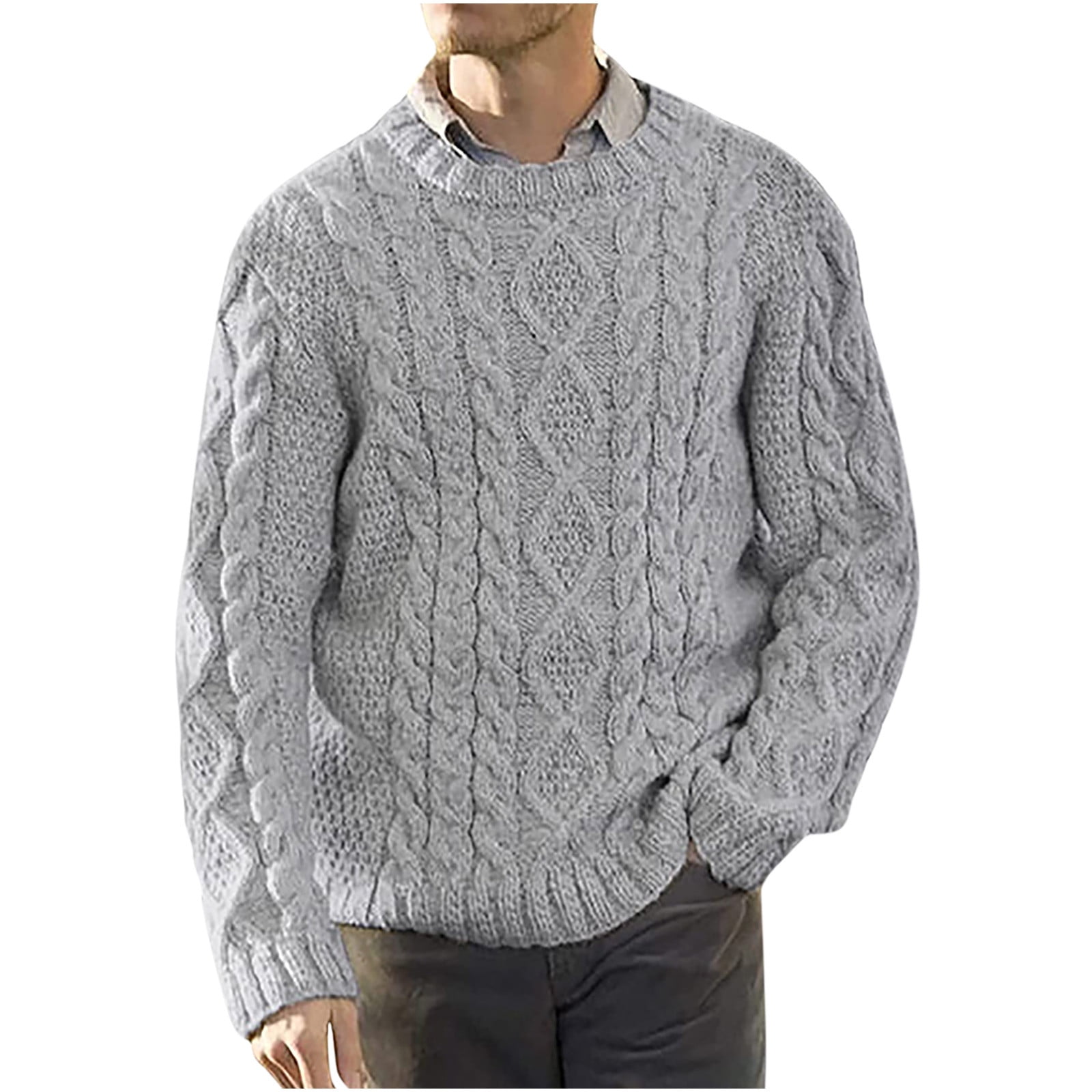 kakina CMSX Mens Cable Knit Pullover Sweater Winter Crew Neck Long ...