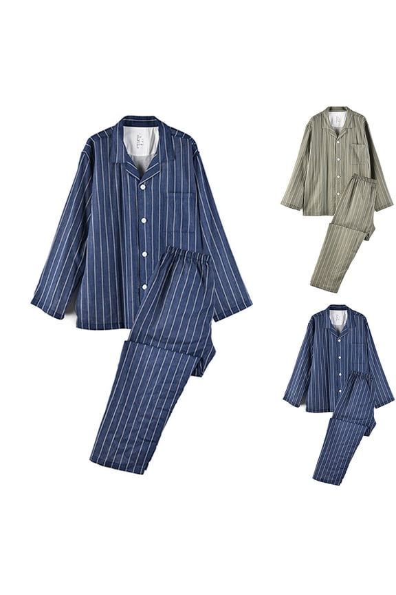Mens Cotton Stripe Pajamas Set,Home Sleep Set Long Sleeve Button Fly Pants Soft Elastic Drawstring Waistband,Men's Pajamas Set Tops+Pants