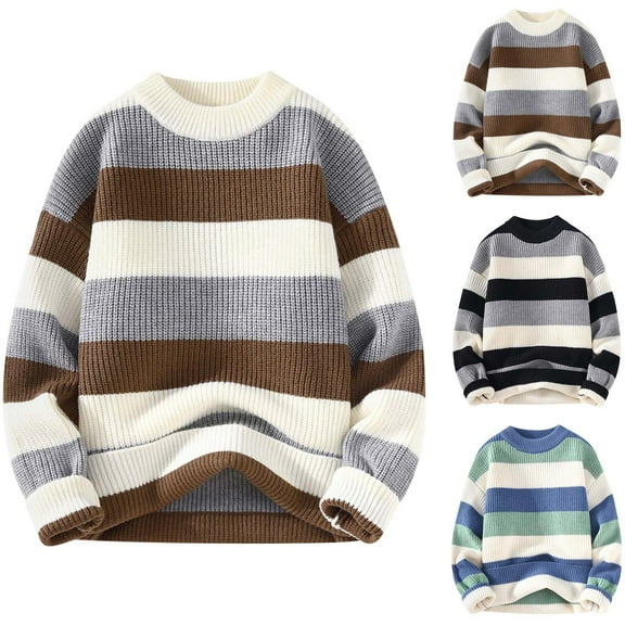 kakina CMSX Mens Fall Winter Striped Warm Knit Pullover Sweater,Casual Loose Round Neck Color Block Sweaters Comfortable Thicken Plus Size Knitted Sweater