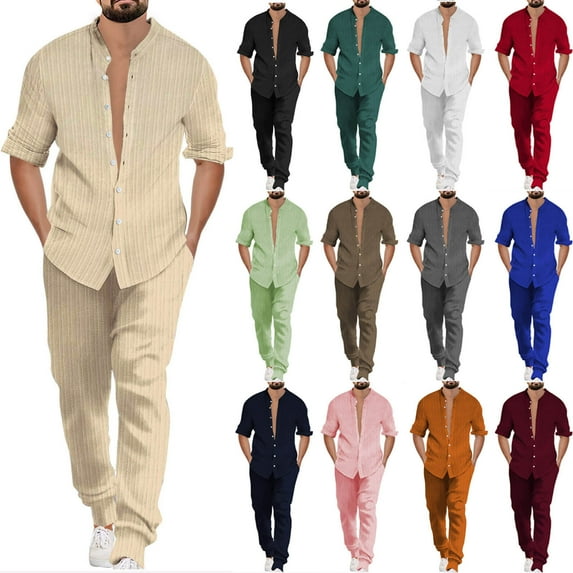 kakina CMSX Mens Fashion Casual Cotton Sets 2 Piece,Long Sleeve Button Down Shirt and Pants Set Summer Beach Solid Color Round Neck Set Outfits
