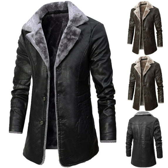 kakina CMSX Mens Leather Jacket,Casual Mid Length Faux Leather Fur Coat Warm Winter Long PU Leather Solid Color Long Sleeve Jacket Lined Duster Trench Coat