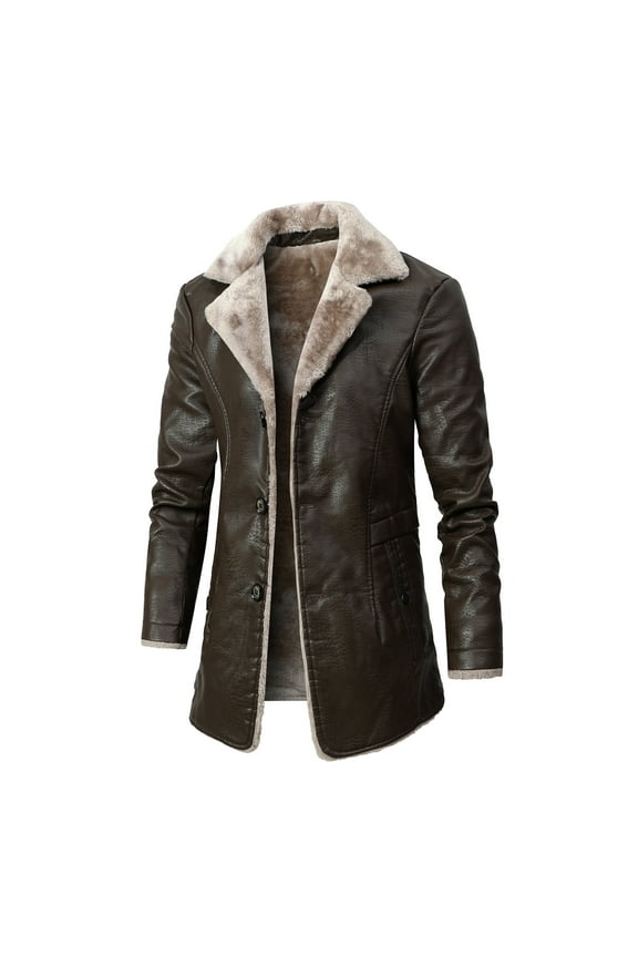 Mens Leather Jacket,Casual Mid Length Faux Leather Fur Coat Warm Winter Long PU Leather Solid Color Long Sleeve Jacket Lined Duster Trench Coat