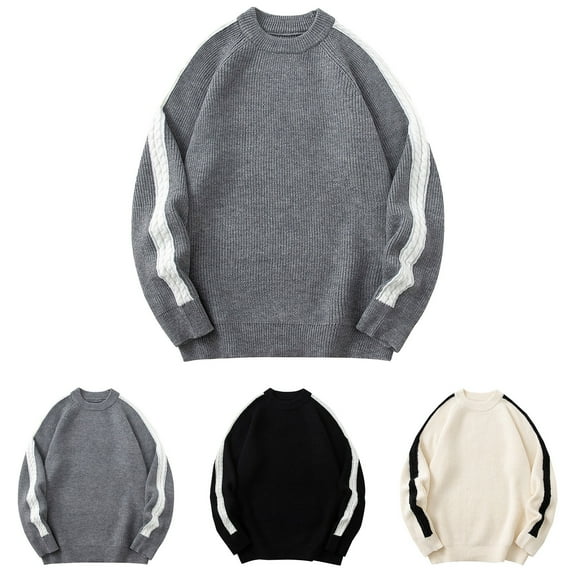 kakina CMSX Mens Oversized Vintage Knitted Sweater Clearance,Casual Solid Color Side Striped Long Sleeve Sweater Woven Crewneck Pullover Knitted Sweater