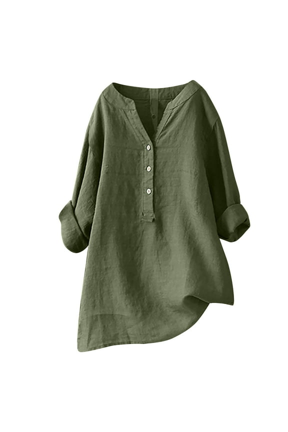 Plus Size Blouse Women's V-Neck Long Sleeve Loose Button Cotton And Linen Tunic Shirts Summer Shirts Blouse