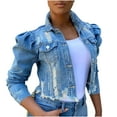 thumbnail image 1 of kakina CMSX Plus Size Women's Street Short Lapel Frayed Breasted Denim Puff Sleeve Slim Denim Jacket, 1 of 6