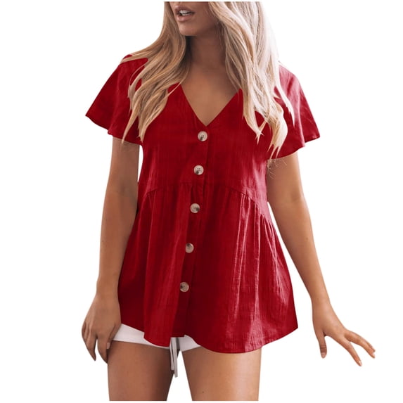 kakina CMSX Plus Size top Clearance Womens Summer Short Sleeve V-Neck Blouse Cotton Shirt Loose Ruffle Hem Babydoll Peplum Tops