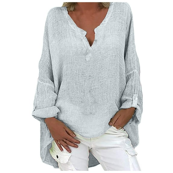 kakina CMSX Plus size Woman Long Sleeves Solid Color Comfortable Leisure Loose V-Neck Tops Blouse Gray 14(XXXL)
