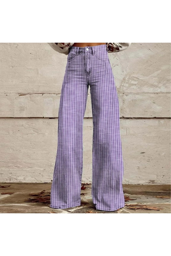 Striped Bell Bottom Jeans for Women,Fashion Casual High Waisted Denim Pants Baggy Button Down Wide Leg Stretchy Flare Jeans