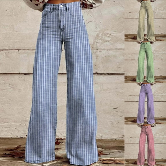 kakina CMSX Striped Bell Bottom Jeans for Women,Fashion Casual High Waisted Denim Pants Baggy Button Down Wide Leg Stretchy Flare Jeans