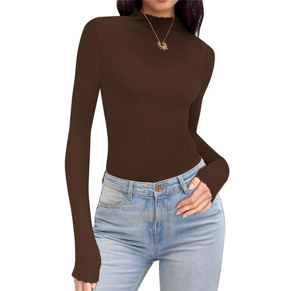 kakina CMSX Turtleneck Shirt Women Ribbed Knitted Sweater Long Sleeve Shirts Lettuce Trim Mock Neck Solid Color Tops Slim Fit Base Layer Knitted Sweater