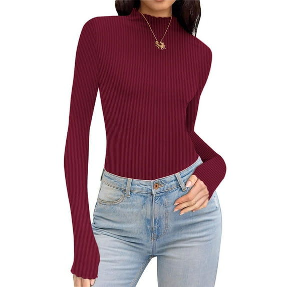 kakina CMSX Turtleneck Shirt Women Ribbed Knitted Sweater Long Sleeve Shirts Lettuce Trim Mock Neck Solid Color Tops Slim Fit Base Layer Knitted Sweater