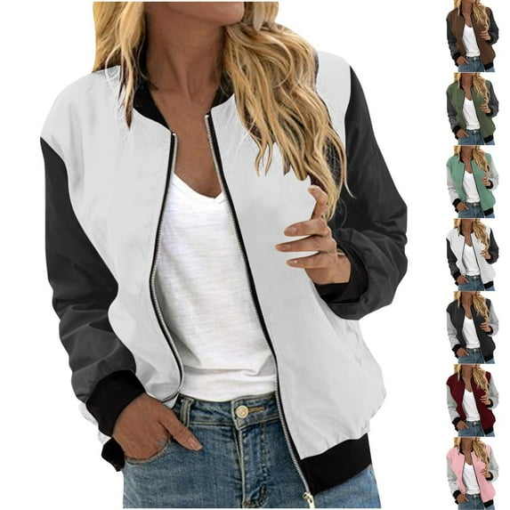 kakina CMSX Women 2024 Fashion Bomber Jacket,Causal Classic Zip Up Coats Long Sleeve Stand Collar Fall Winter Jackets Lightweight Color Block Outerwear