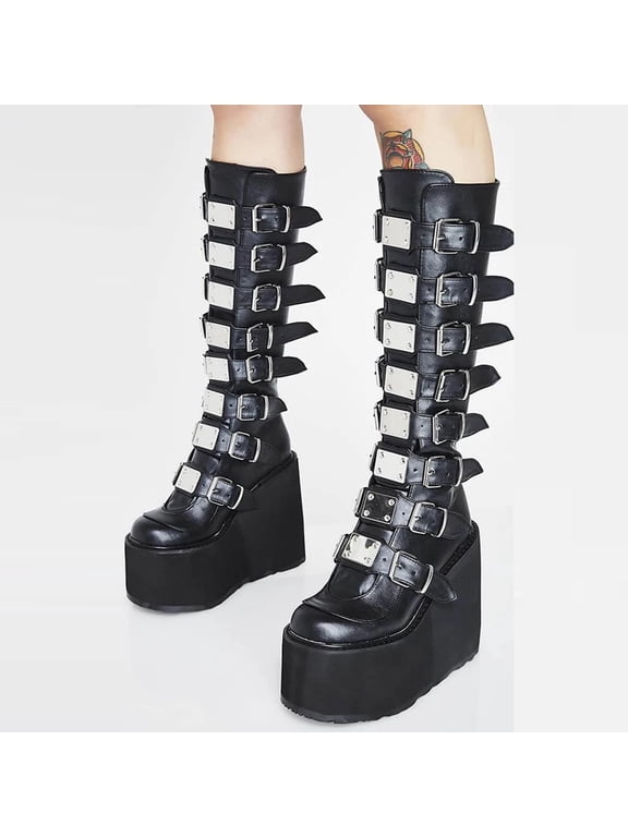 Women'S Punk Goth Platform Boots Buckle Straps Back Zipper Gothic Boots Ladies Rivets Metal Decoration Long Boots Knee High Tall Boots Combat Boots