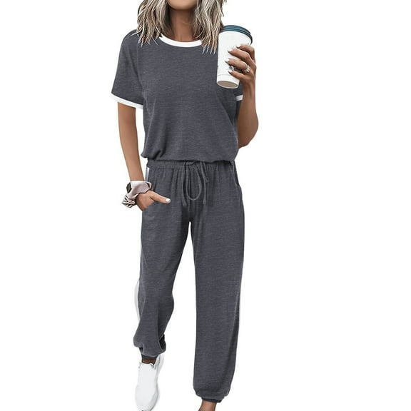 kakina CMSX Women's 2 Piece Lounge Sets,Fashion Short Sleeve Round Neck Top and Drawstring Elastic Waist Pants Solid Color Casual Sweatsuit Outfits