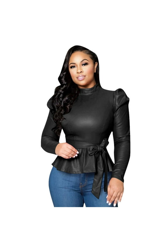 Women's 2022 Fall Bonded Leather Long Sleeve Solid Pullover Frenulum Street Tops Black, XXL