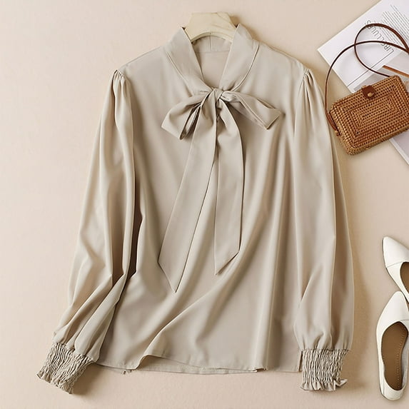 kakina CMSX Women's Bow Tie Neck Long Sleeve Blouse,Fashion Solid Color Silk Button Down Shirt Chiffon Work Shirt formal Casual Wear Cardigan Thin Tops