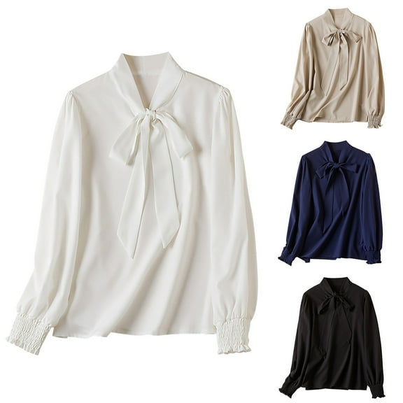 kakina CMSX Women's Bow Tie Neck Long Sleeve Blouse,Fashion Solid Color Silk Button Down Shirt Chiffon Work Shirt formal Casual Wear Cardigan Thin Tops