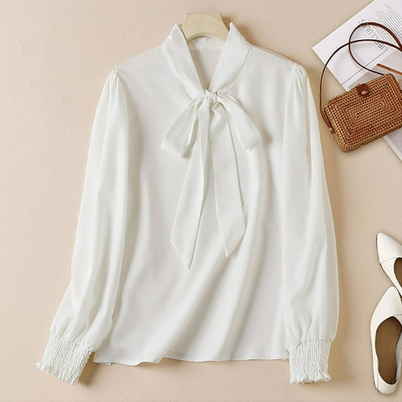 kakina CMSX Women's Bow Tie Neck Long Sleeve Blouse,Fashion Solid Color Silk Button Down Shirt Chiffon Work Shirt formal Casual Wear Cardigan Thin Tops
