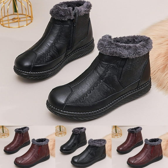 kakina CMSX Women's Clearance Retro Soft Leather Thick Plush Warm Snow Boots,Fashion Classic Warm Faux Fur Shearling Lining Side Zipper Comfortable Ankle Boots