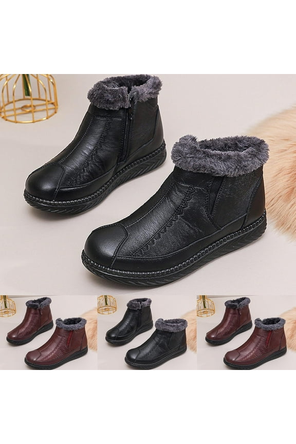Women's Clearance Retro Soft Leather Thick Plush Warm Snow Boots,Fashion Classic Warm Faux Fur Shearling Lining Side Zipper Comfortable Ankle Boots