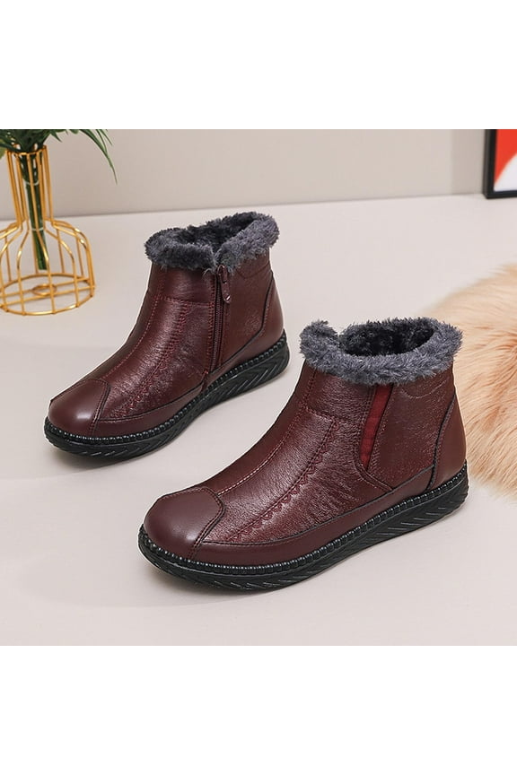 Women's Clearance Retro Soft Leather Thick Plush Warm Snow Boots,Fashion Classic Warm Faux Fur Shearling Lining Side Zipper Comfortable Ankle Boots