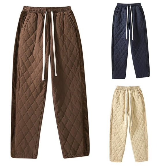 kakina CMSX Women's Cotton Pants Elastic Waist Straight Quilted Pants Fall Winter Plaid Loose Fit Thick Elastic Waist Drawstring Trousers Pants with Pockets